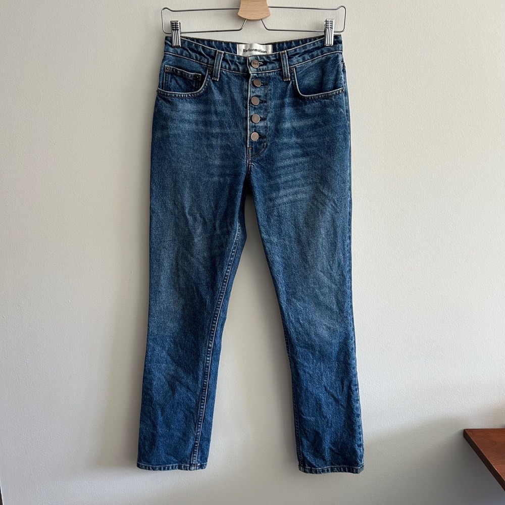 Reformation Mid Rise Button Fly Jean Baltic Blue 26 Straight Leg Denim